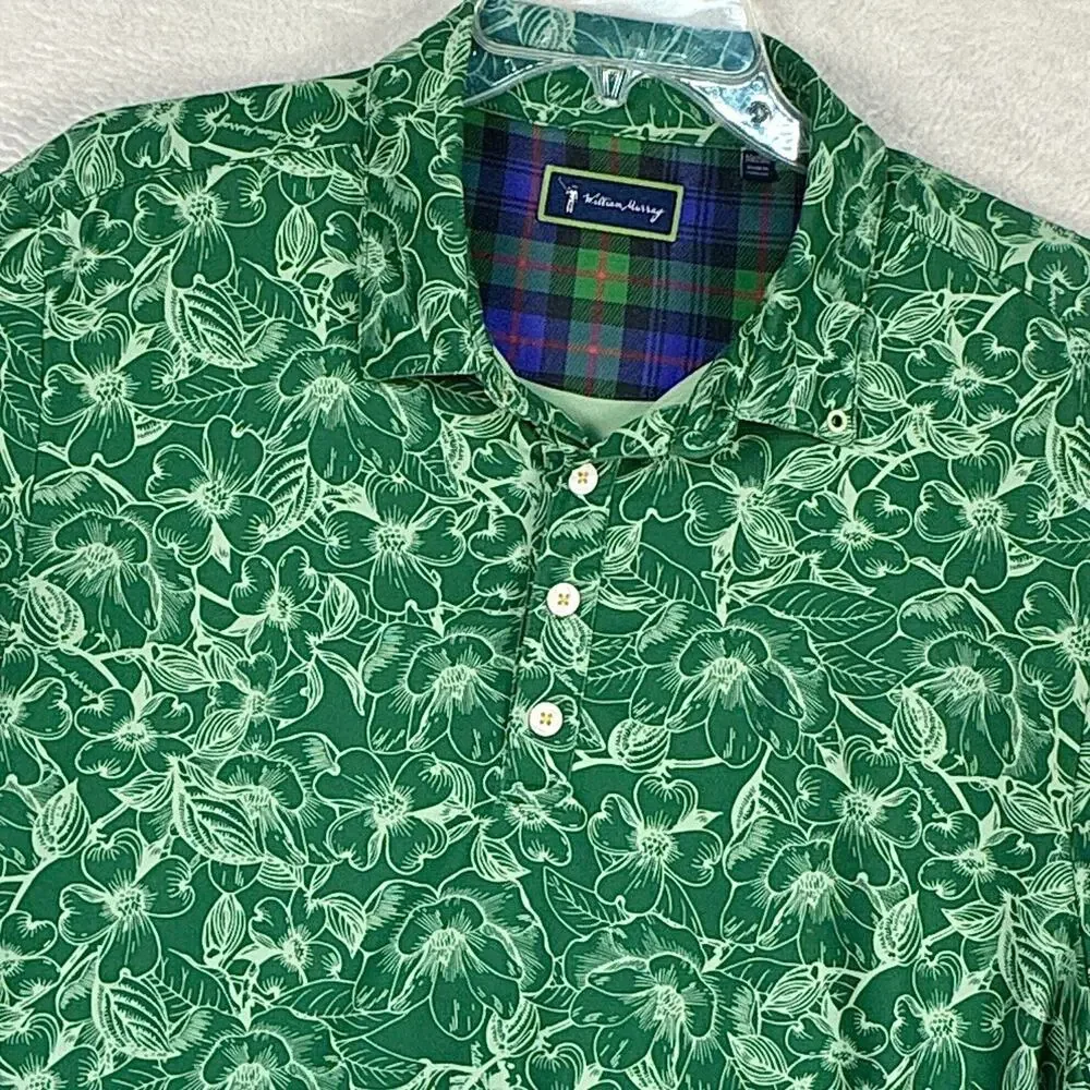 William Murray Polo Shirt Men M Green Floral AOP Performance Hawaiian Aloha Golf